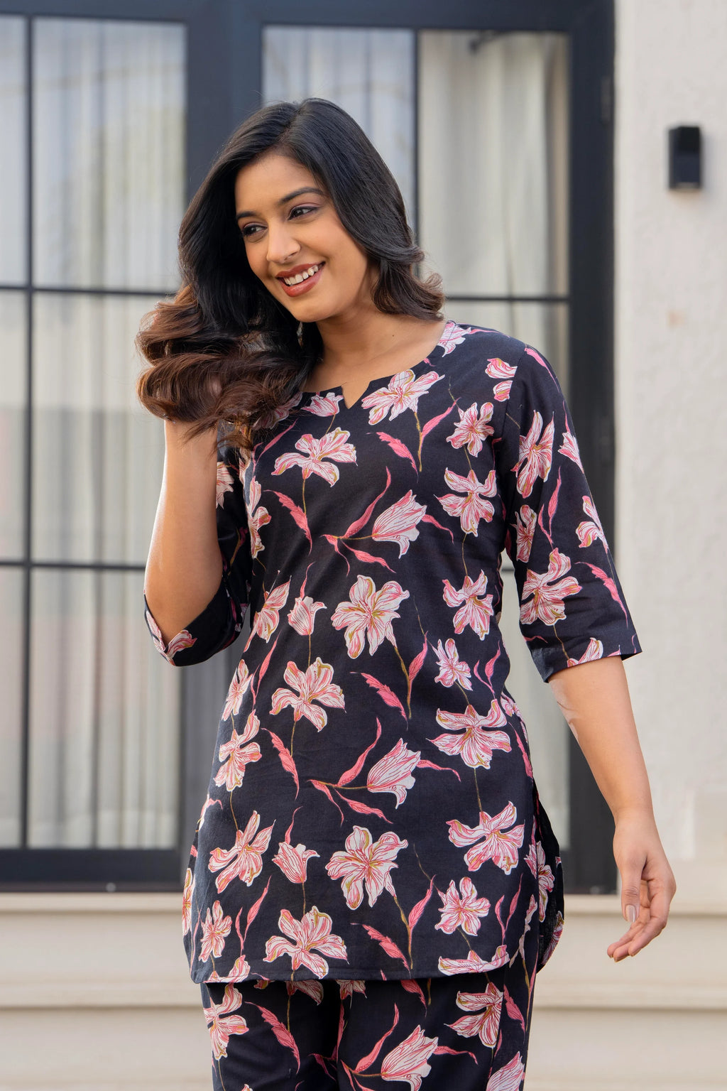 Black Floral Cotton Night Suit for Women – Soft & Breathable Loungewear Set