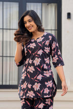 Black Floral Cotton Night Suit for Women – Soft & Breathable Loungewear Set