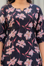 Black Floral Cotton Night Suit for Women – Soft & Breathable Loungewear Set