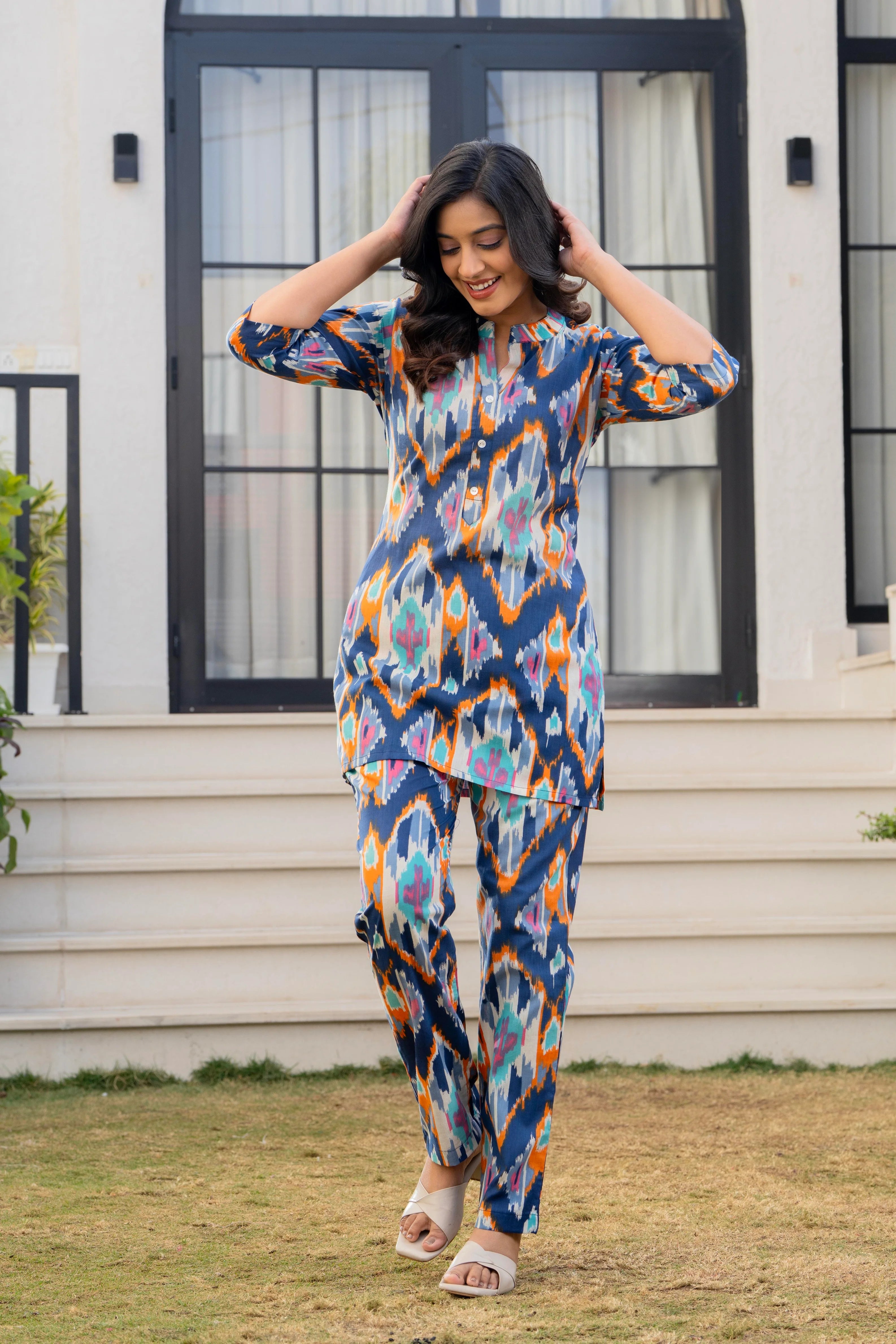 Indigo Ikat Printed Cotton Night Suit Set for Women