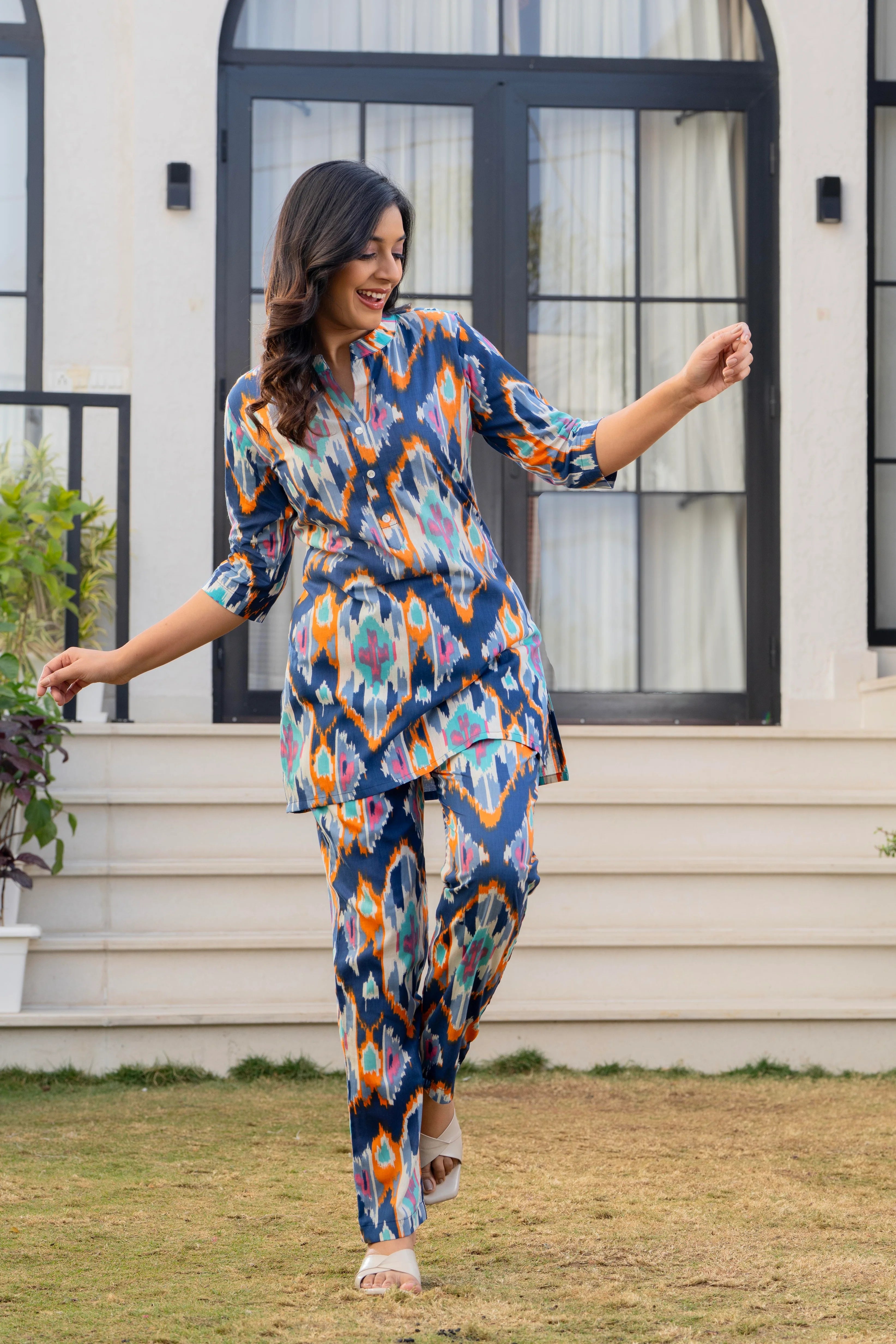 Indigo Ikat Printed Cotton Night Suit Set for Women