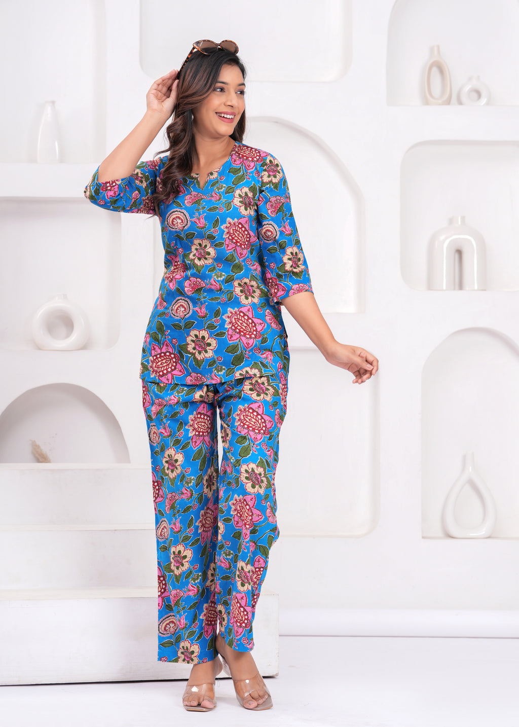 Blue Floral Print Women's Co-Ord Set
