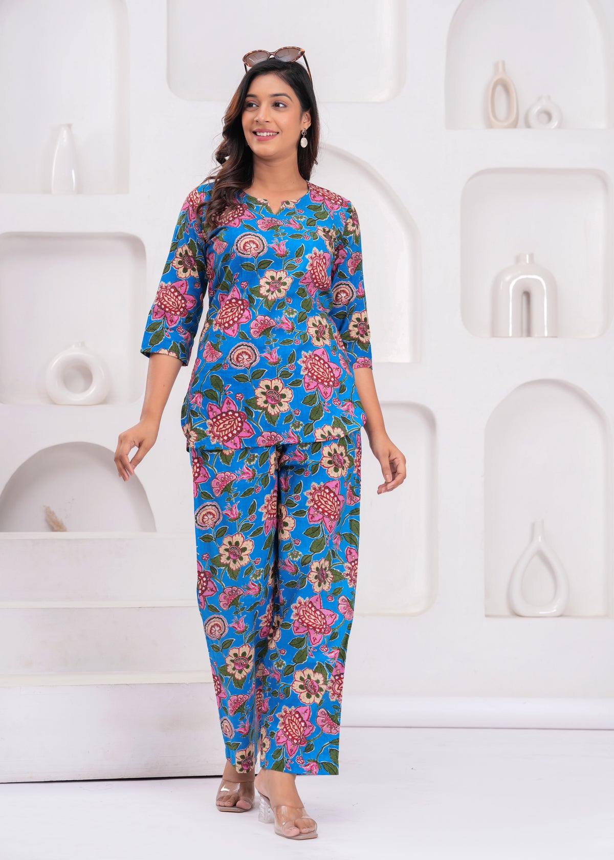 Blue Floral Print Women's Co-Ord Set