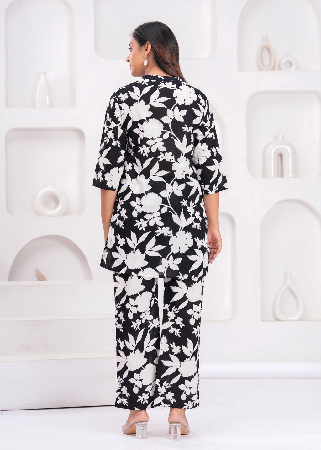 Black and White Floral Printed Women's Co-Ord Set