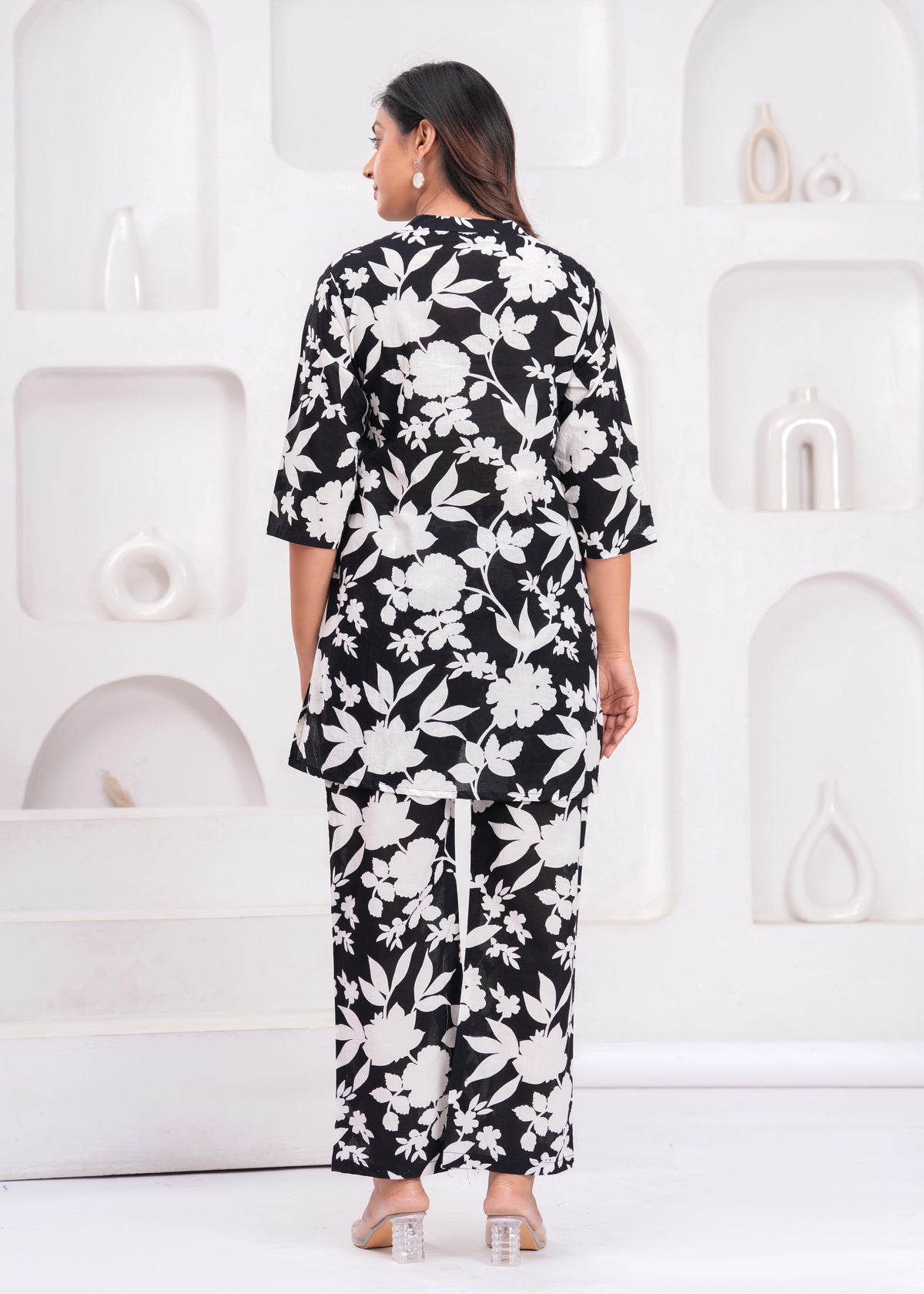 Black and White Floral Printed Women's Co-Ord Set