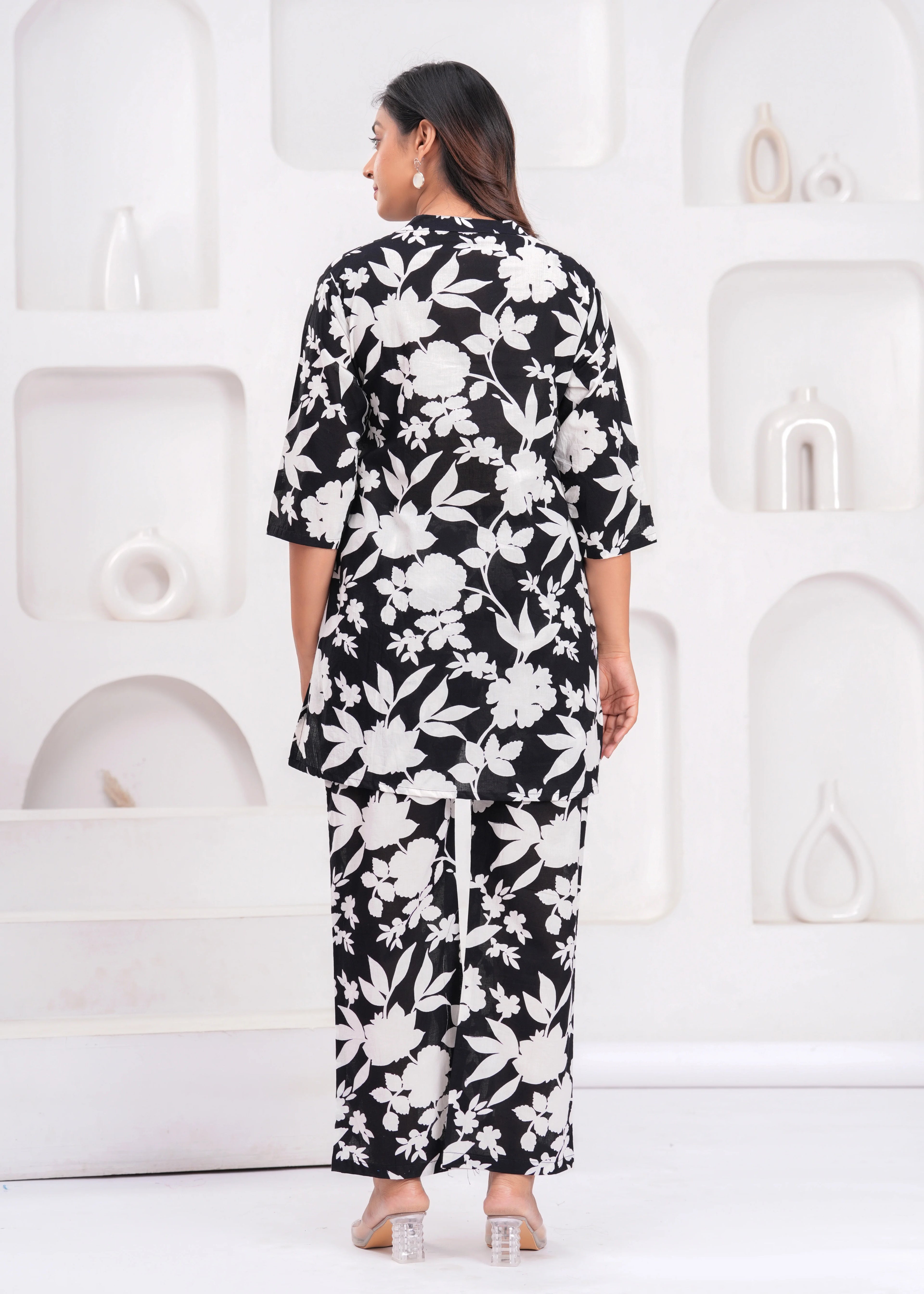 Floral Printed Black Cotton Night Suit for Women – Lightweight Comfort