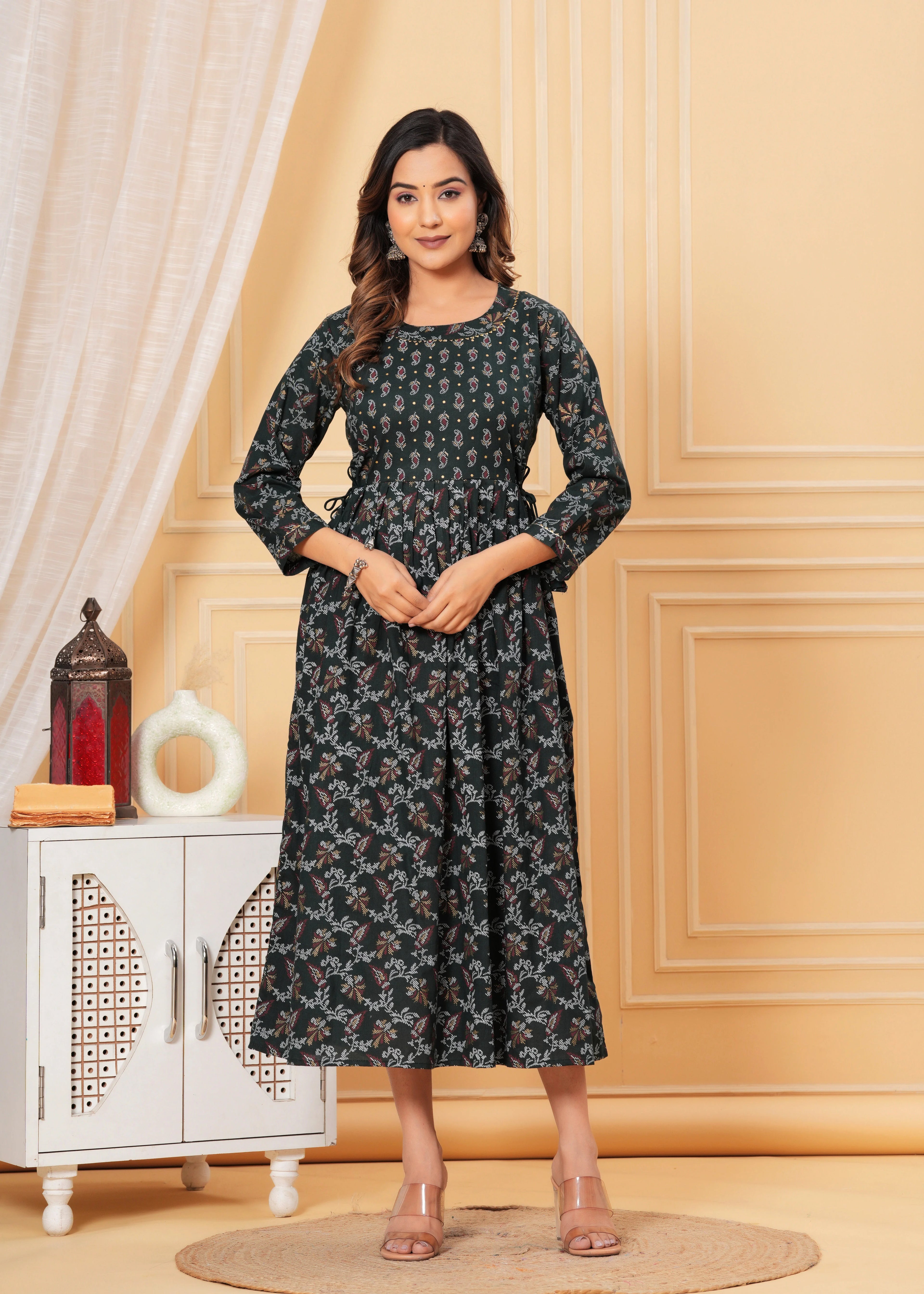 Dark Green Cotton Maternity & Nursing Midi Dress