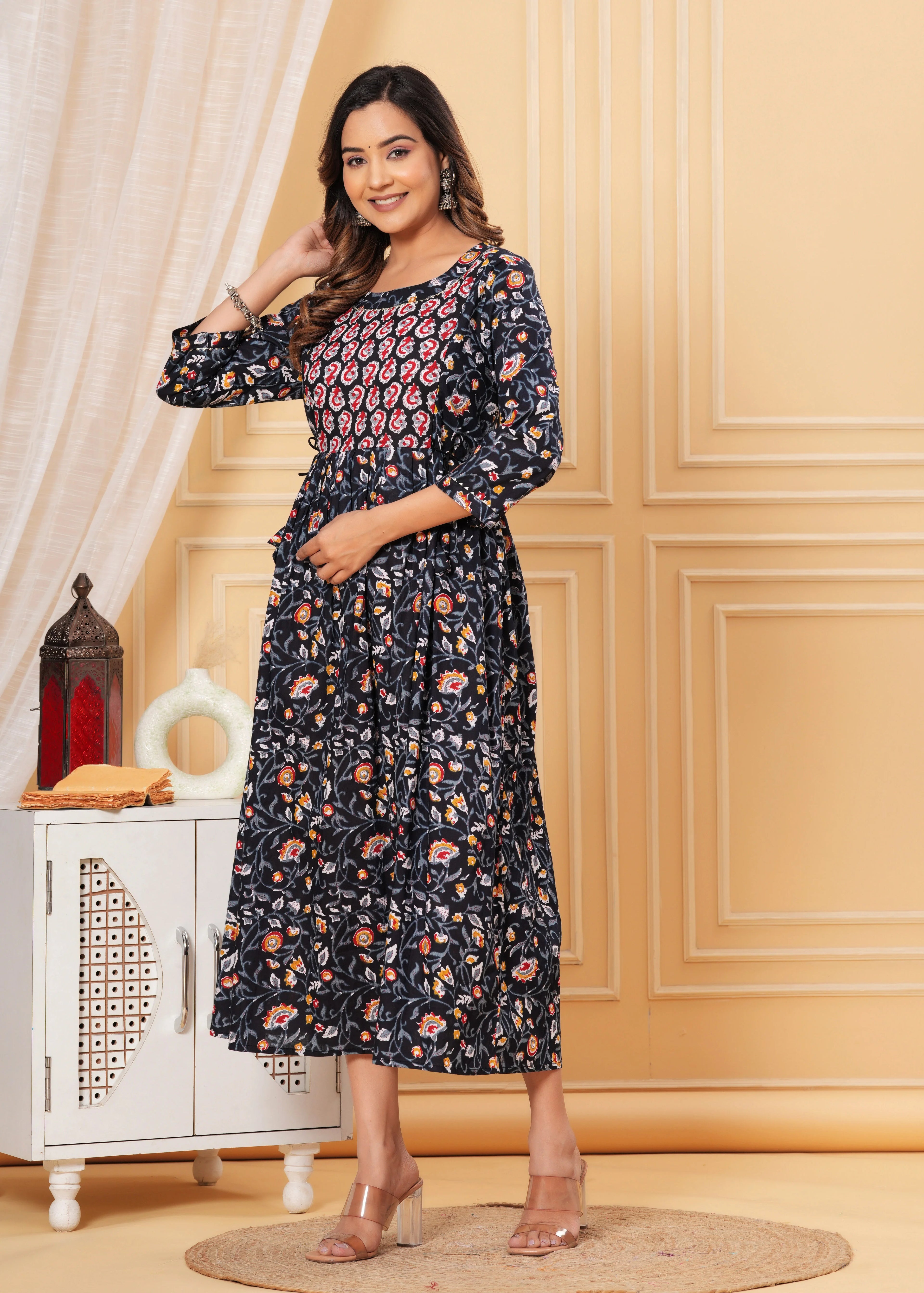 Nevi Blue Floral Cotton Maternity & Nursing Midi Dress