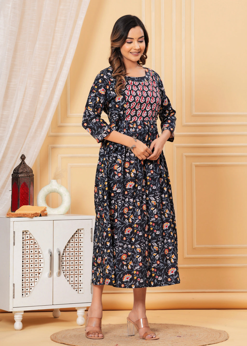 Nevi Blue Floral Cotton Maternity & Nursing Midi Dress