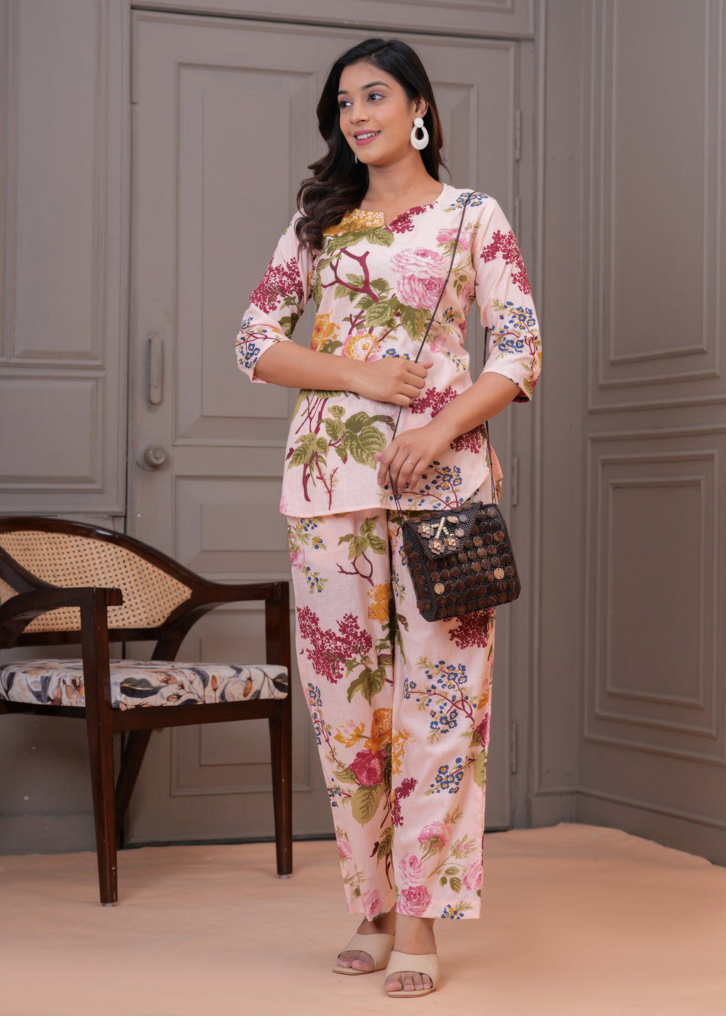 Pink Floral Printed Women's Co-Ord Set