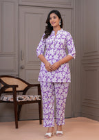Lavender Floral Printed Cotton Night Suit for Women – Soft & Comfortable Sleepwear Set