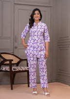 Lavender Floral Printed Cotton Night Suit for Women – Soft & Comfortable Sleepwear Set
