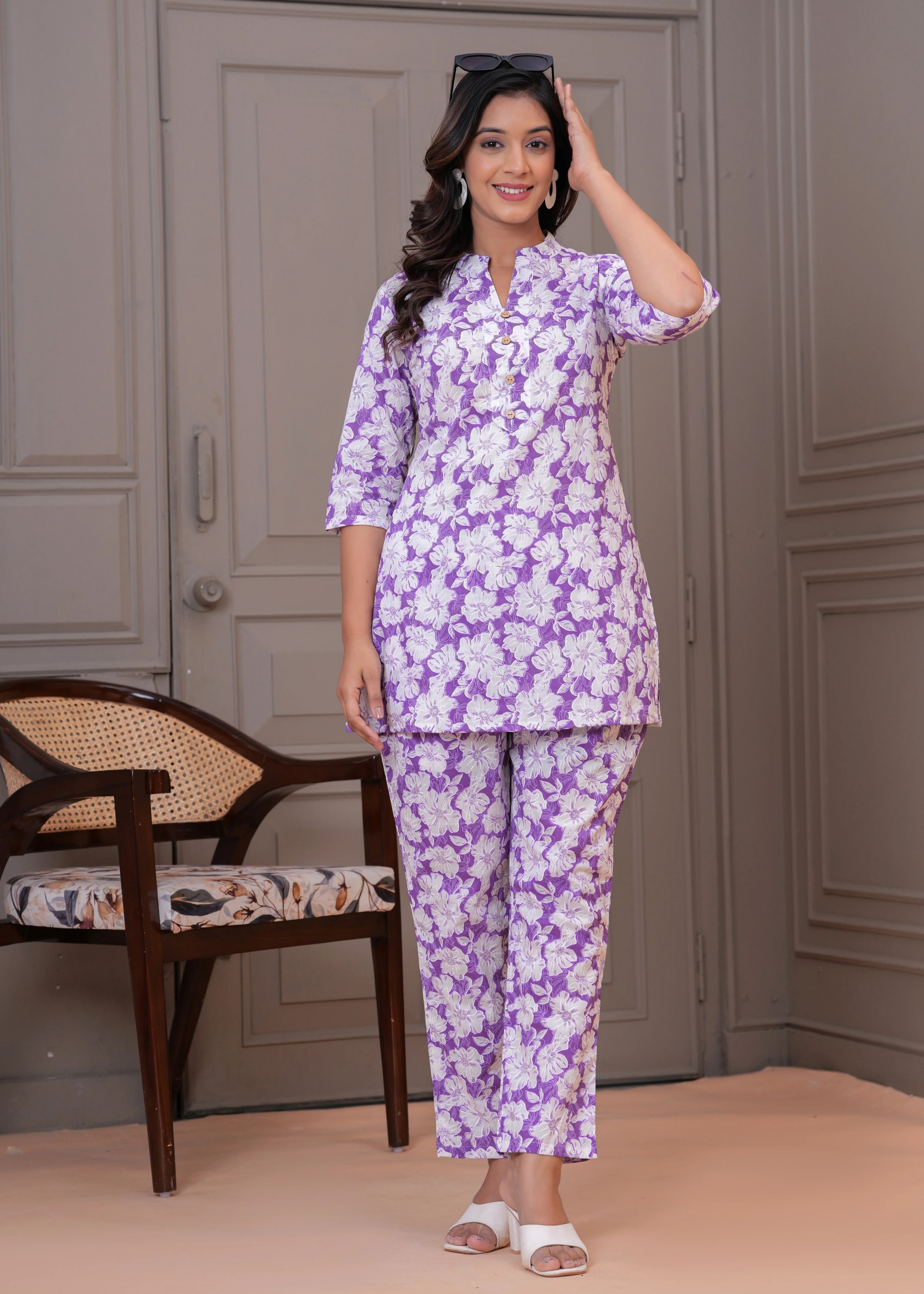 Lavender Floral Printed Cotton Night Suit for Women – Soft & Comfortable Sleepwear Set
