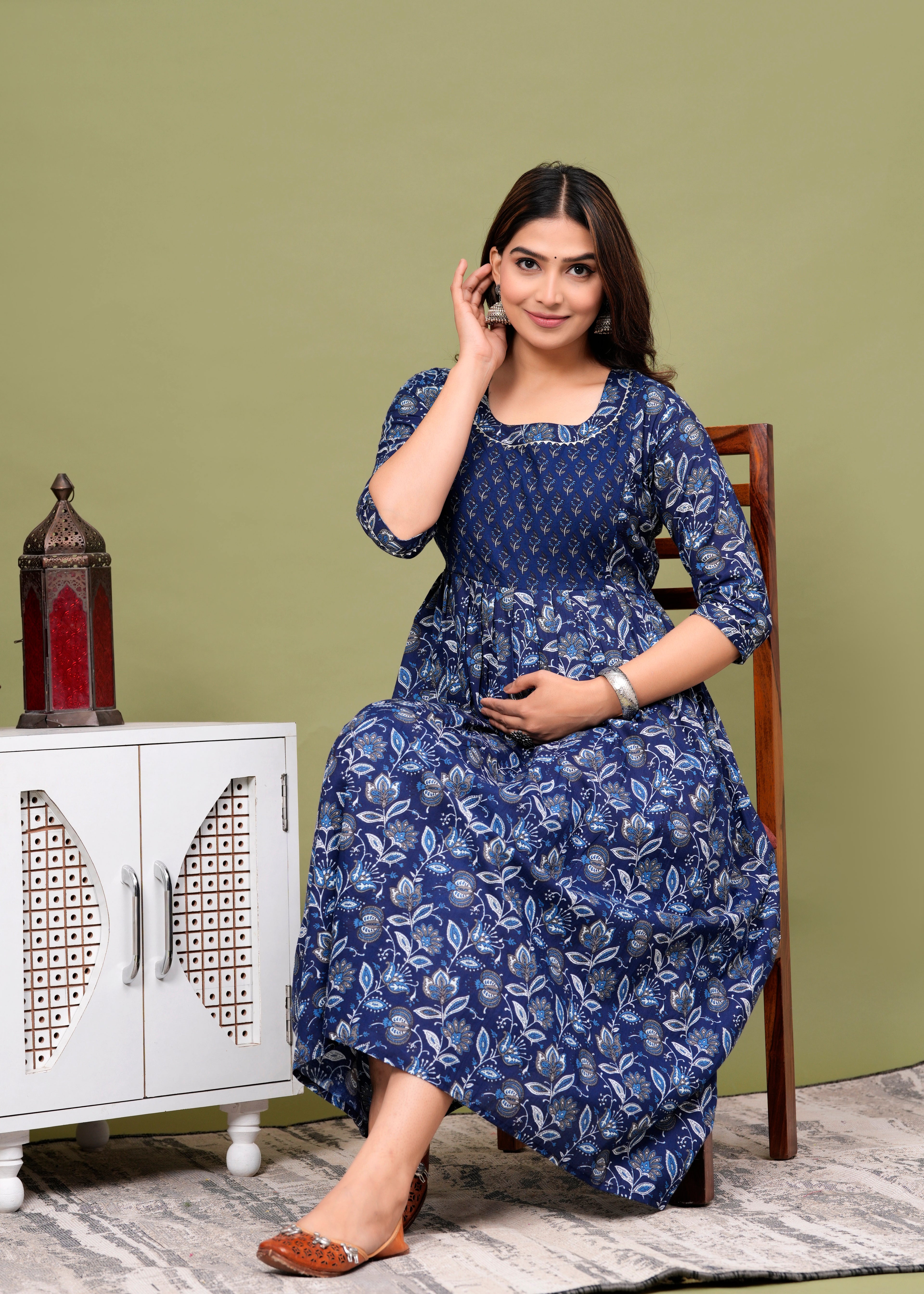 Printed Navy Blue Feeding Dress for New Moms & Moms-to-Be