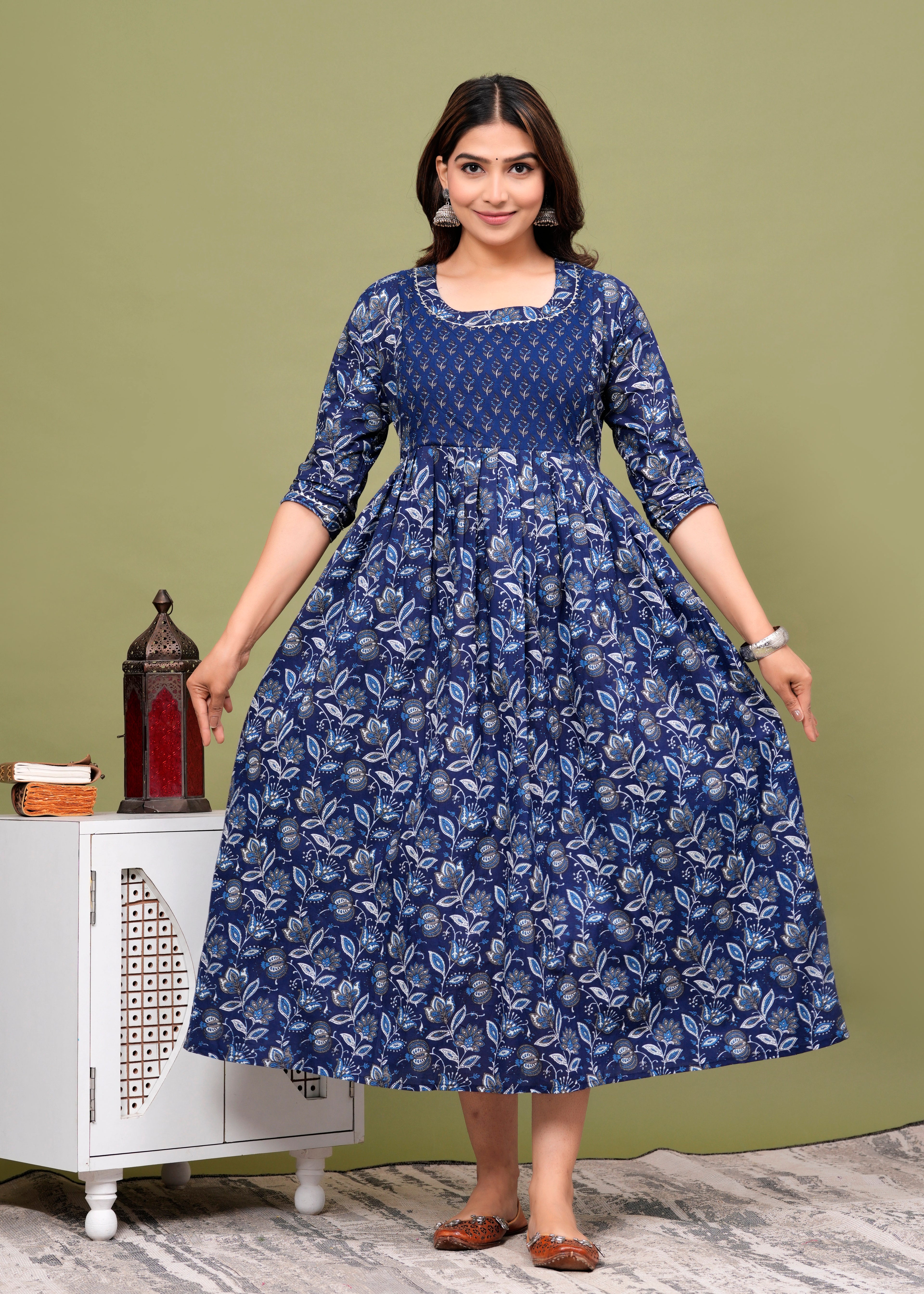 Printed Navy Blue Feeding Dress for New Moms & Moms-to-Be