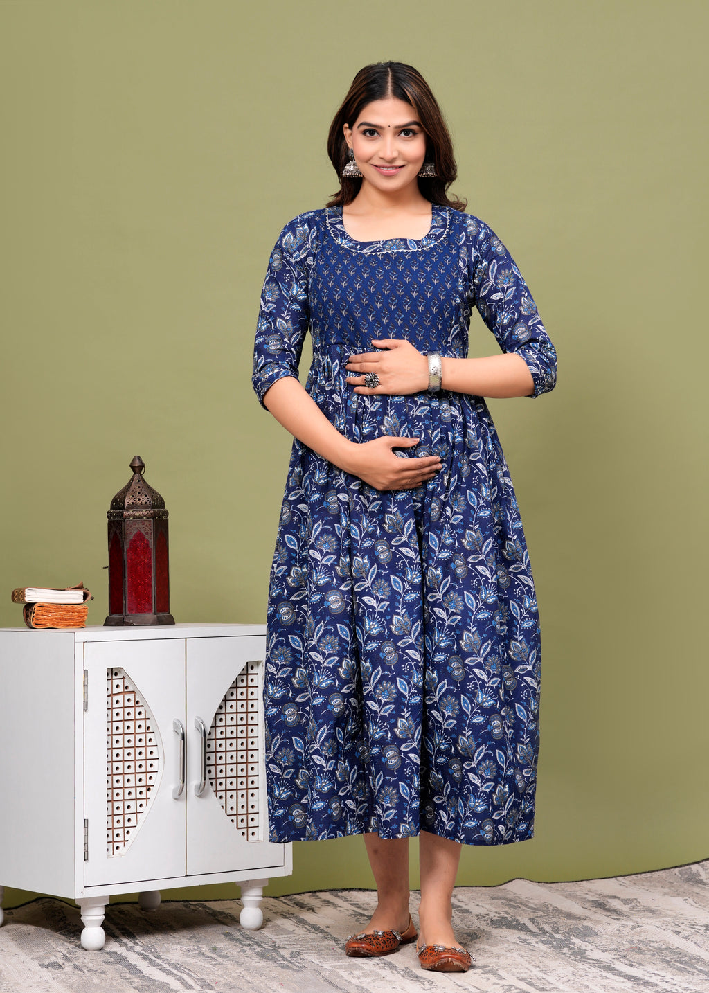 Printed Navy Blue Feeding Dress for New Moms & Moms-to-Be