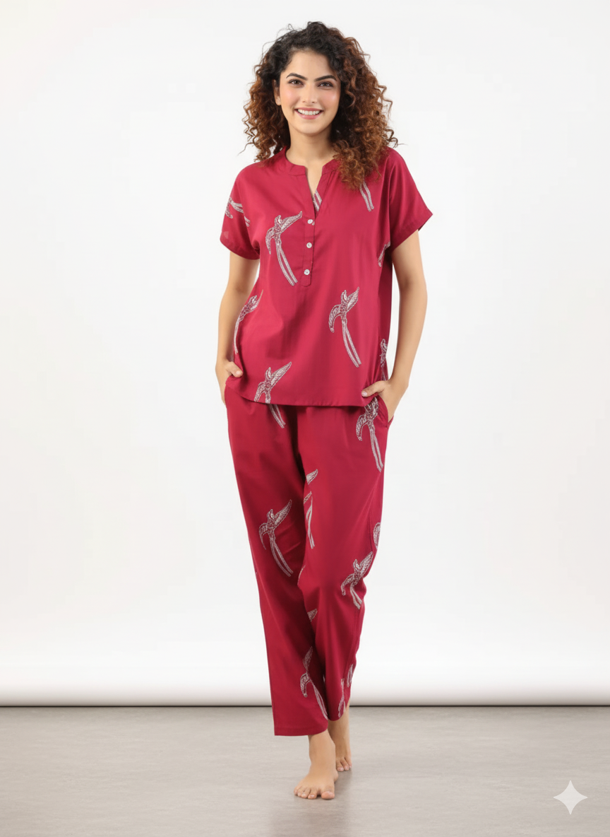 Comfort Fit Maroon Cotton Night Suit for Women