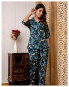 Teal Blue Floral Cotton Co-Ord Set for Women | Button Down Shirt Top with Straight Pants