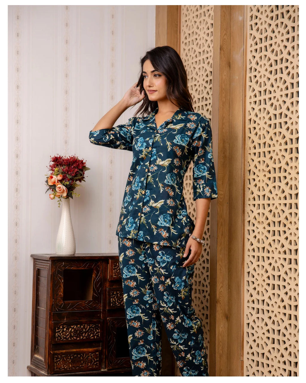 Teal Blue Floral Cotton Co-Ord Set for Women | Button Down Shirt Top with Straight Pants