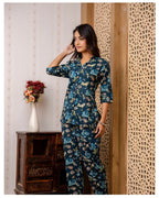 Teal Blue Floral Cotton Co-Ord Set for Women | Button Down Shirt Top with Straight Pants