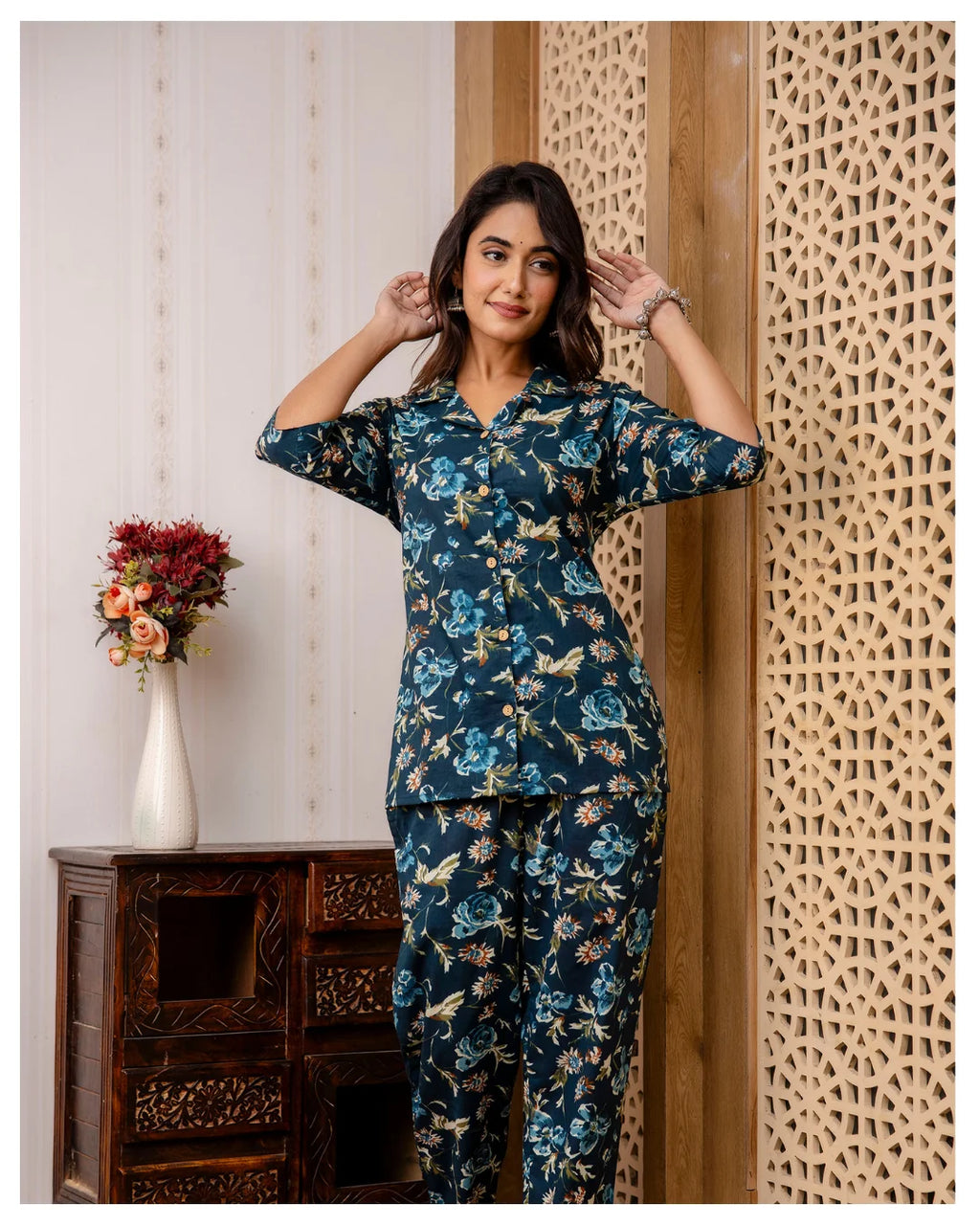 Teal Blue Floral Cotton Co-Ord Set for Women | Button Down Shirt Top with Straight Pants