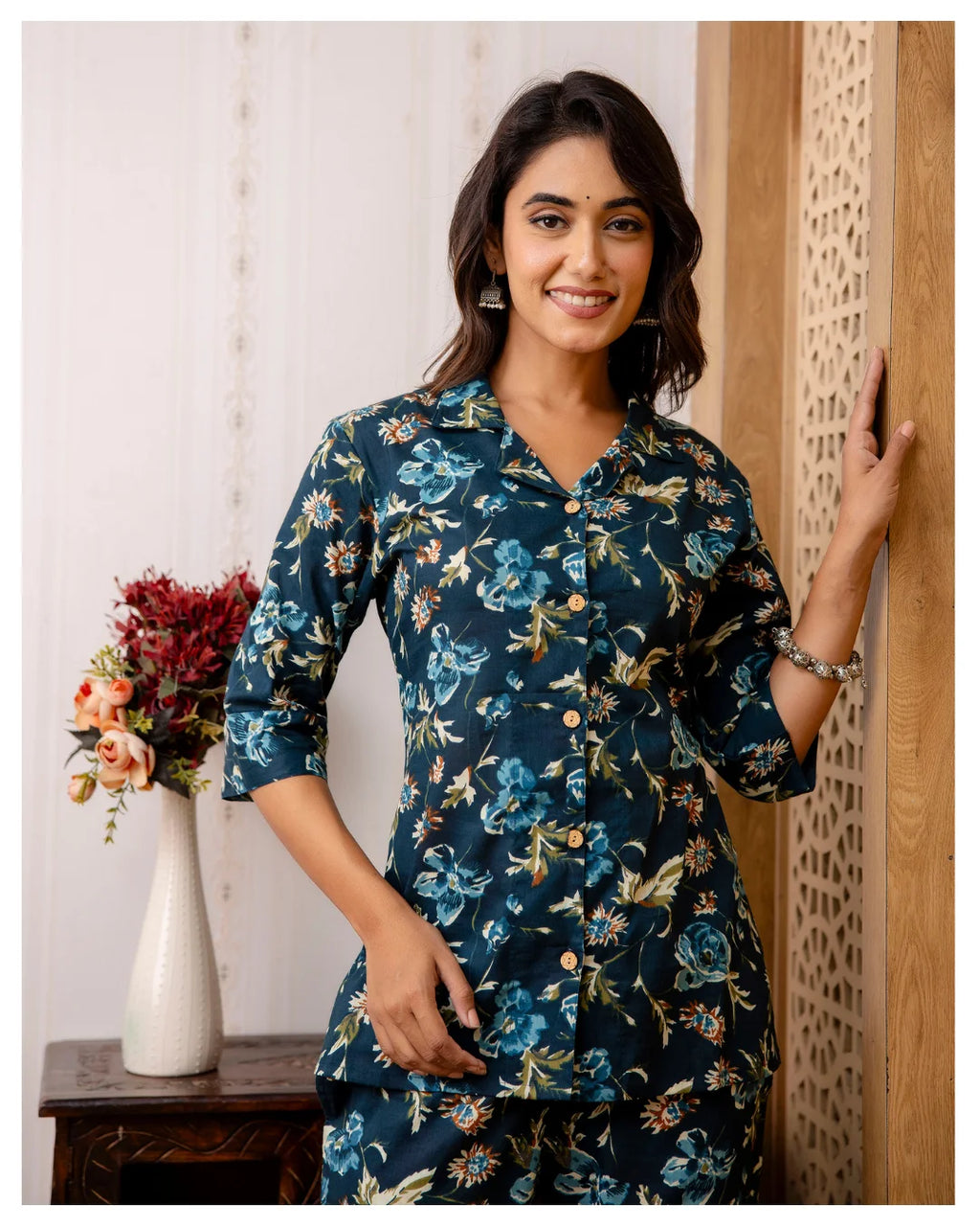 Teal Blue Floral Cotton Co-Ord Set for Women | Button Down Shirt Top with Straight Pants