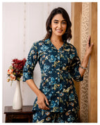 Teal Blue Floral Cotton Co-Ord Set for Women | Button Down Shirt Top with Straight Pants