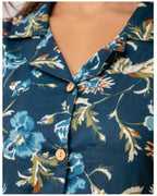 Teal Blue Floral Cotton Co-Ord Set for Women | Button Down Shirt Top with Straight Pants