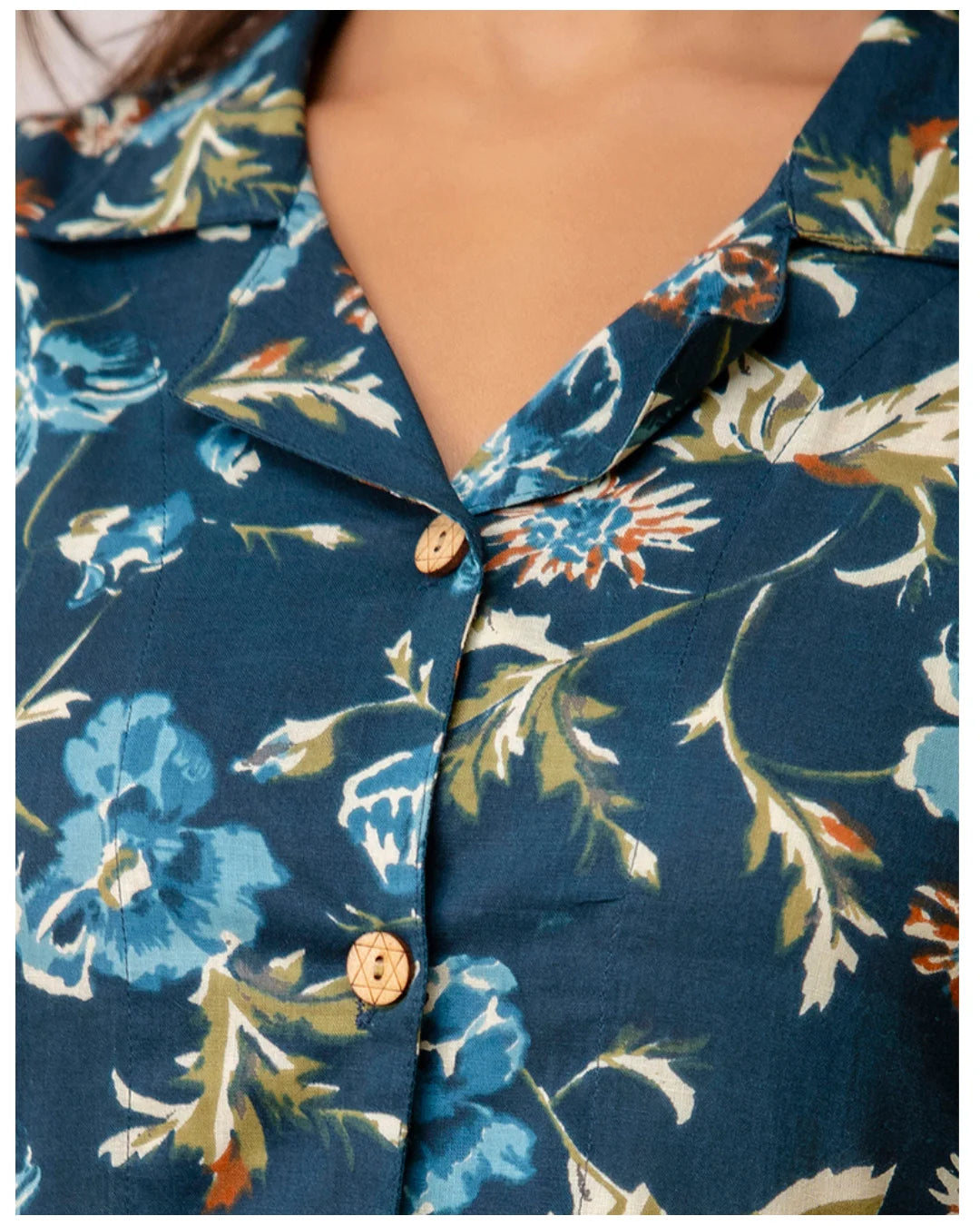 Teal Blue Floral Cotton Co-Ord Set for Women | Button Down Shirt Top with Straight Pants