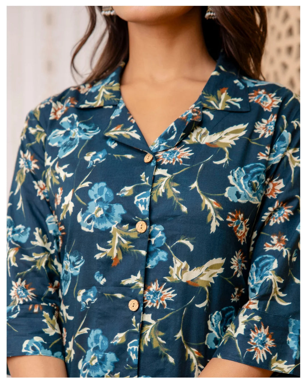 Teal Blue Floral Cotton Co-Ord Set for Women | Button Down Shirt Top with Straight Pants