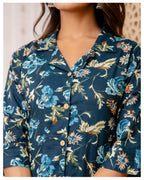 Teal Blue Floral Cotton Co-Ord Set for Women | Button Down Shirt Top with Straight Pants