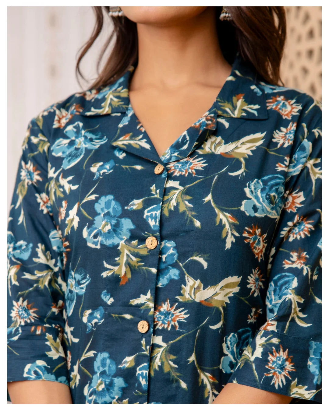Teal Blue Floral Cotton Co-Ord Set for Women | Button Down Shirt Top with Straight Pants