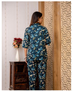 Teal Blue Floral Cotton Co-Ord Set for Women | Button Down Shirt Top with Straight Pants
