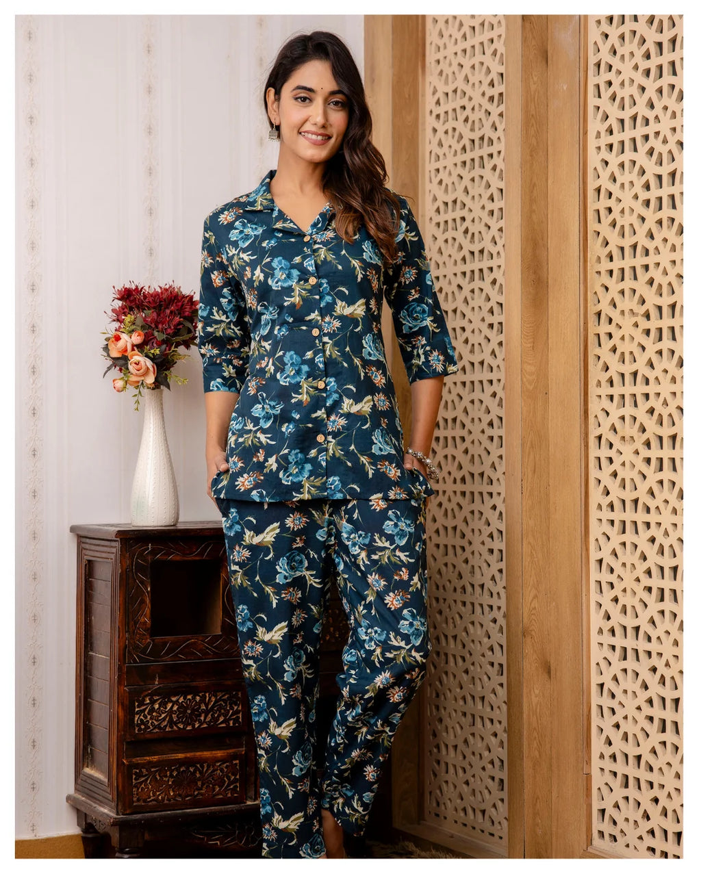 Teal Blue Floral Cotton Co-Ord Set for Women | Button Down Shirt Top with Straight Pants