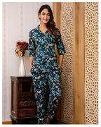 Teal Blue Floral Cotton Co-Ord Set for Women | Button Down Shirt Top with Straight Pants
