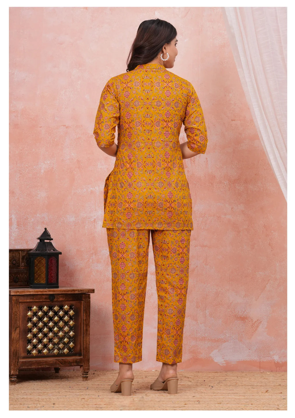 Mustard Floral Maternity Feeding Cord Set with Hidden Zippers.