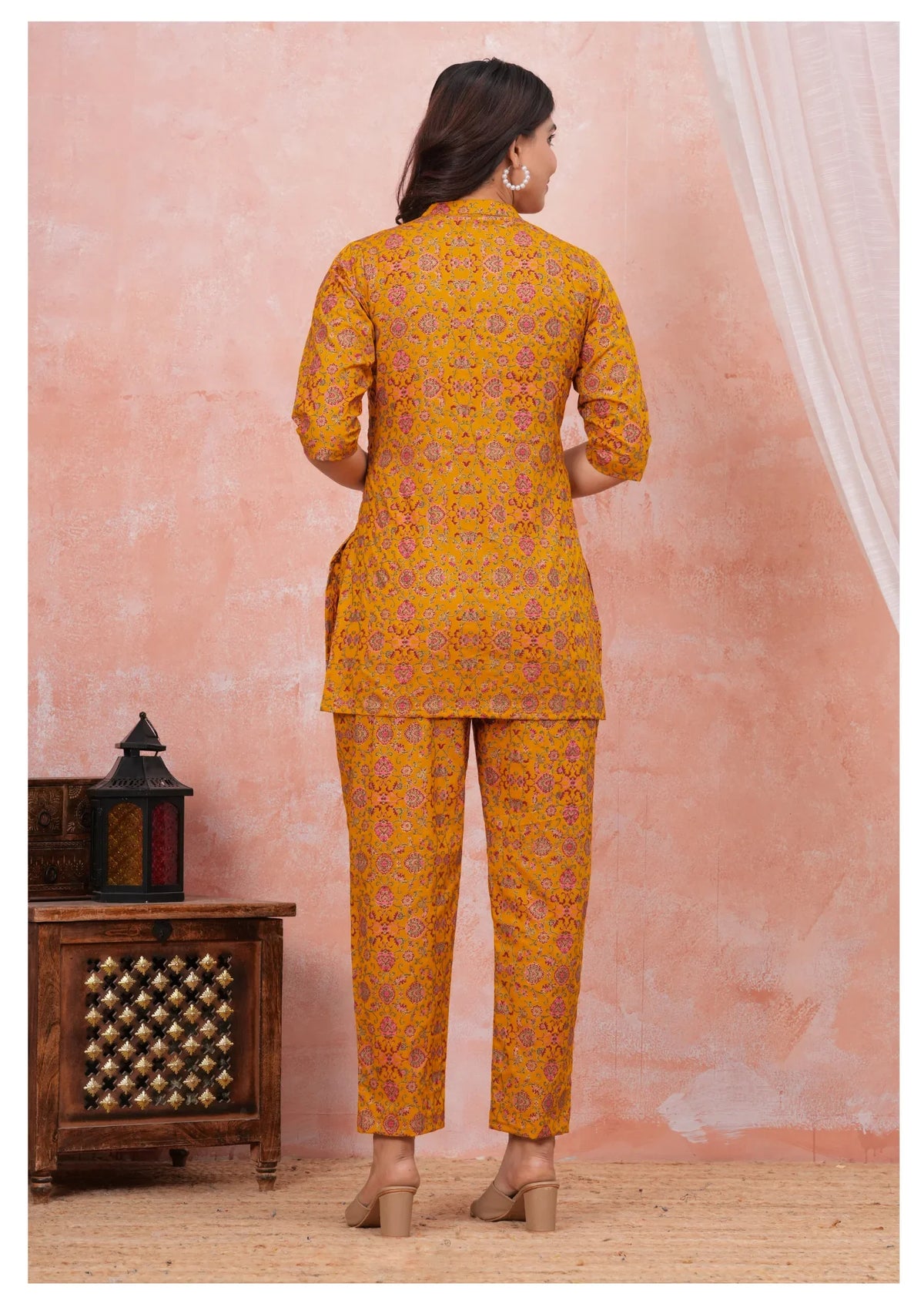 Mustard Floral Maternity Feeding Cord Set with Hidden Zippers.