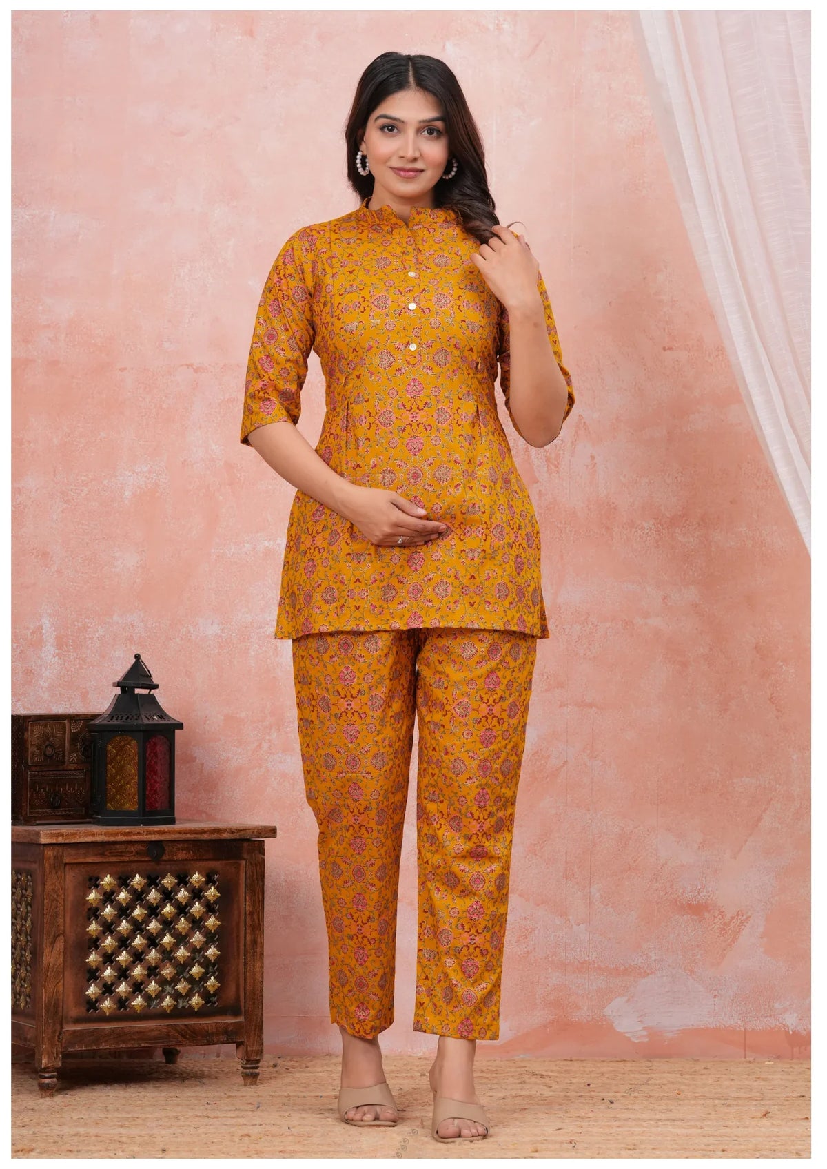 Mustard Floral Maternity Feeding Cord Set with Hidden Zippers.