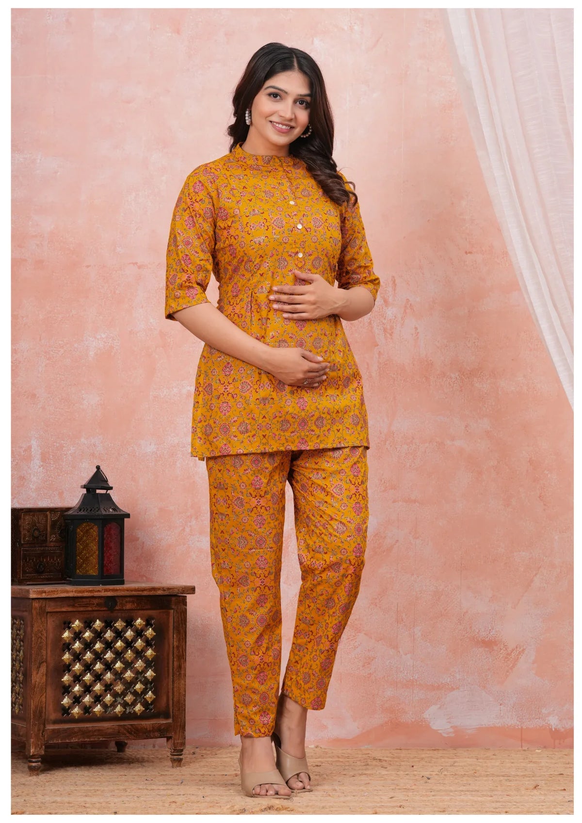 Mustard Floral Maternity Feeding Cord Set with Hidden Zippers.