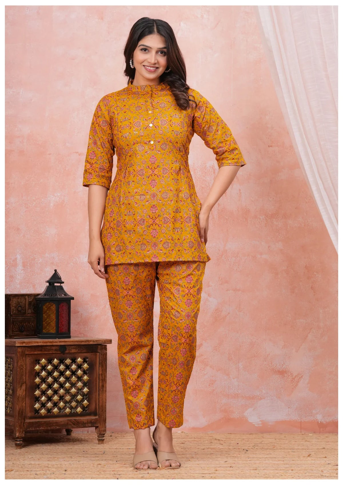 Mustard Floral Maternity Feeding Cord Set with Hidden Zippers.