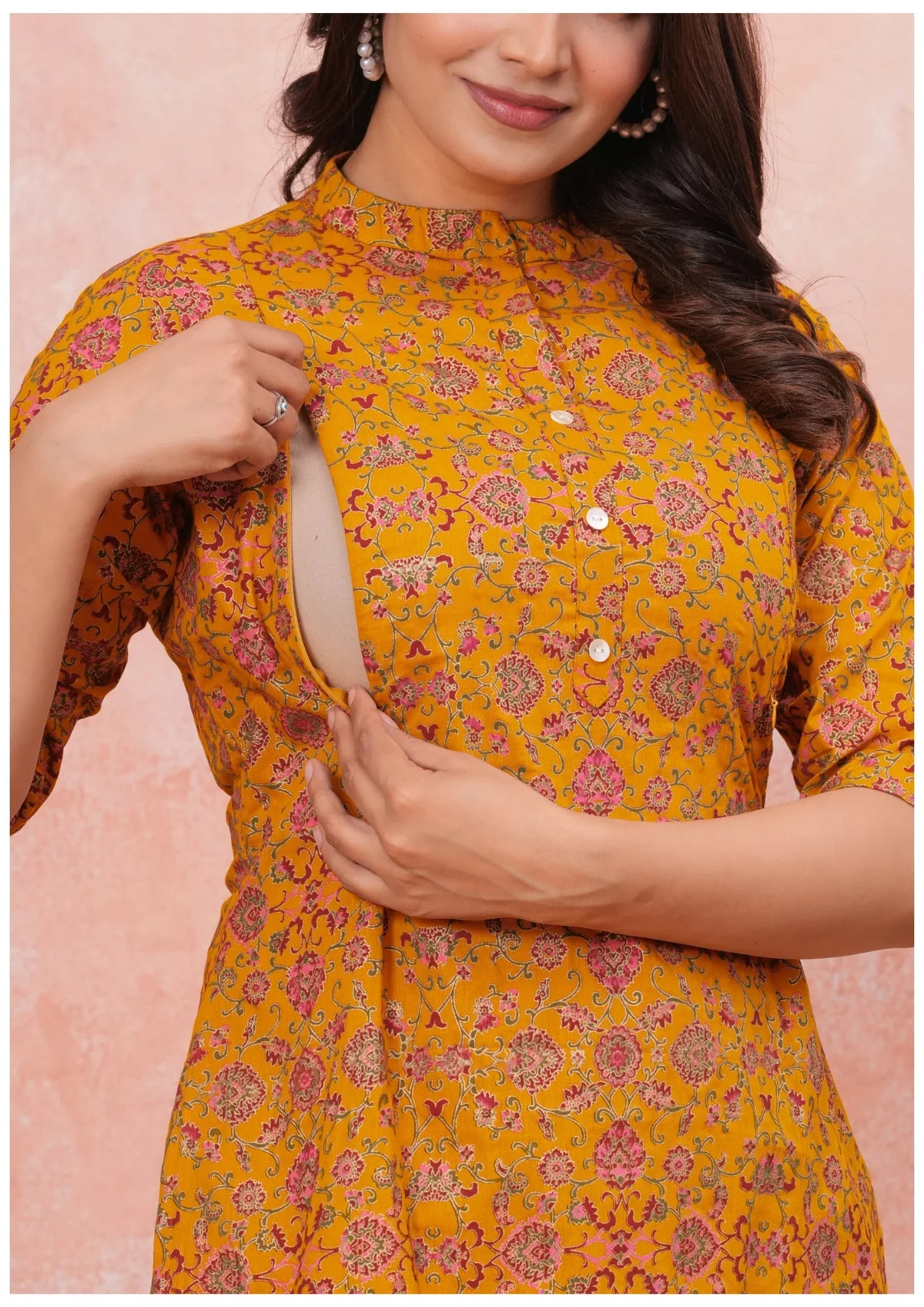 Mustard Floral Maternity Feeding Cord Set with Hidden Zippers.