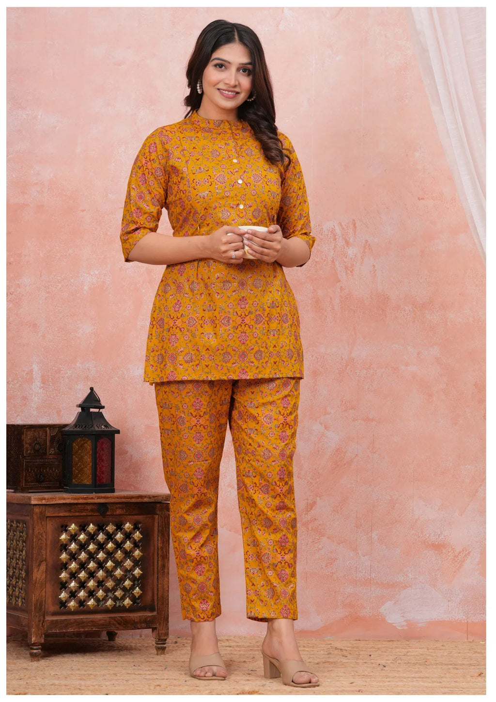 Mustard Floral Maternity Feeding Cord Set with Hidden Zippers.