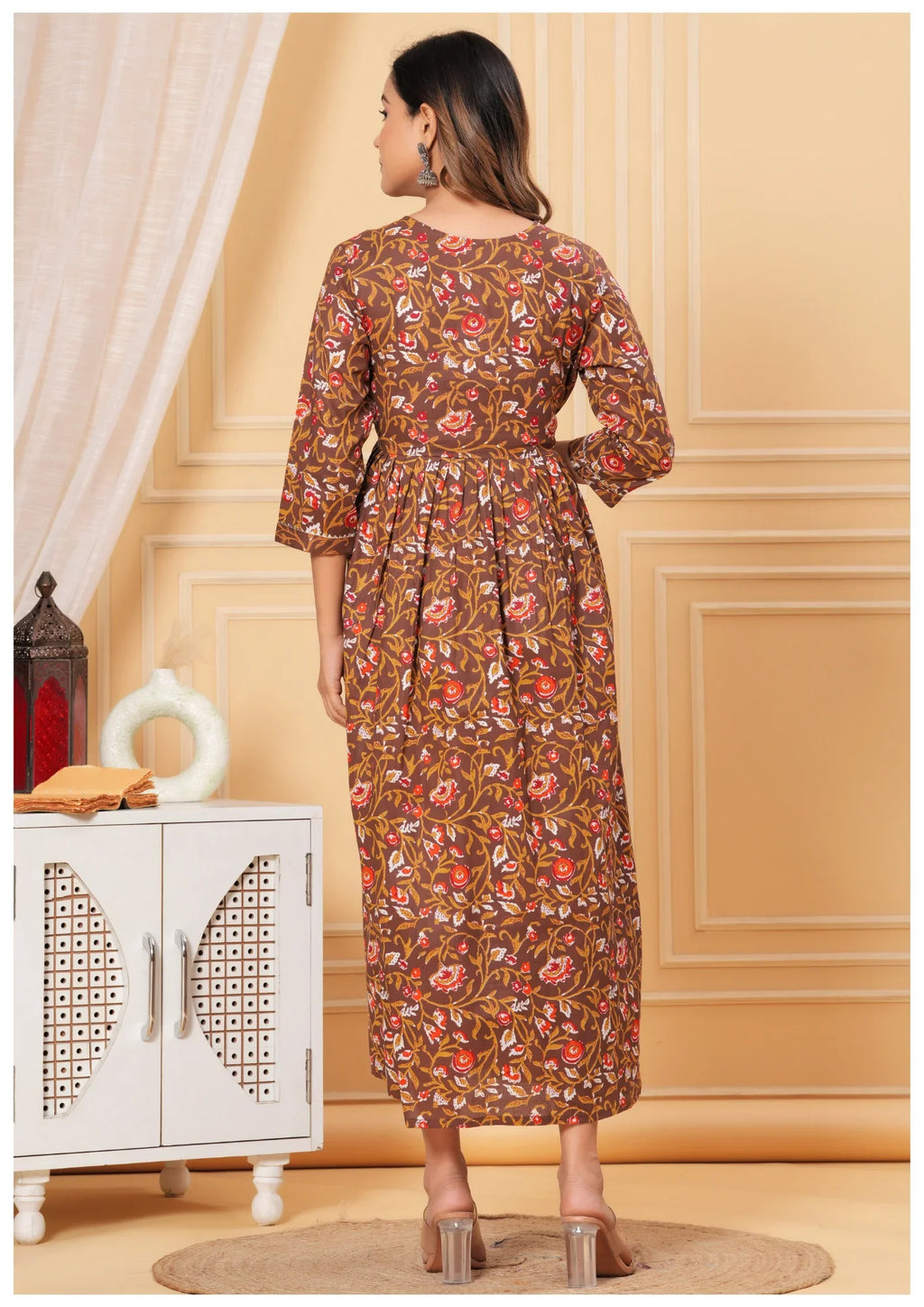 Elegant Brown Floral Maternity & Nursing Dress.