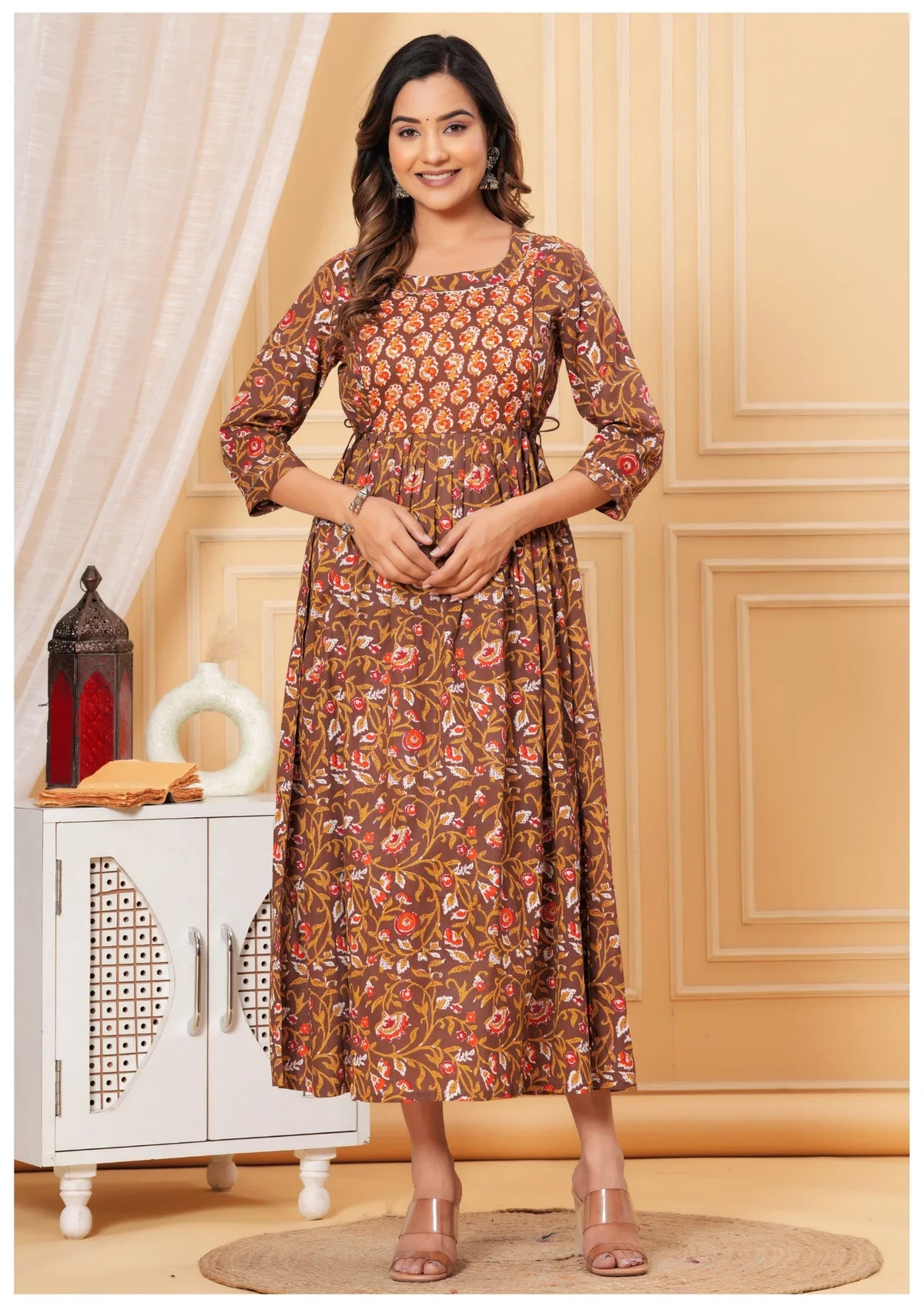Elegant Brown Floral Maternity & Nursing Dress.