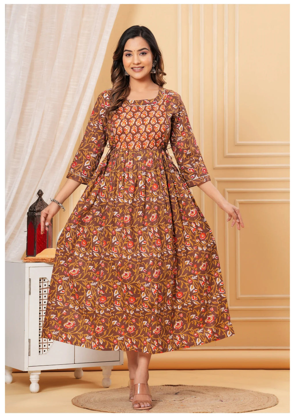 Elegant Brown Floral Maternity & Nursing Dress.