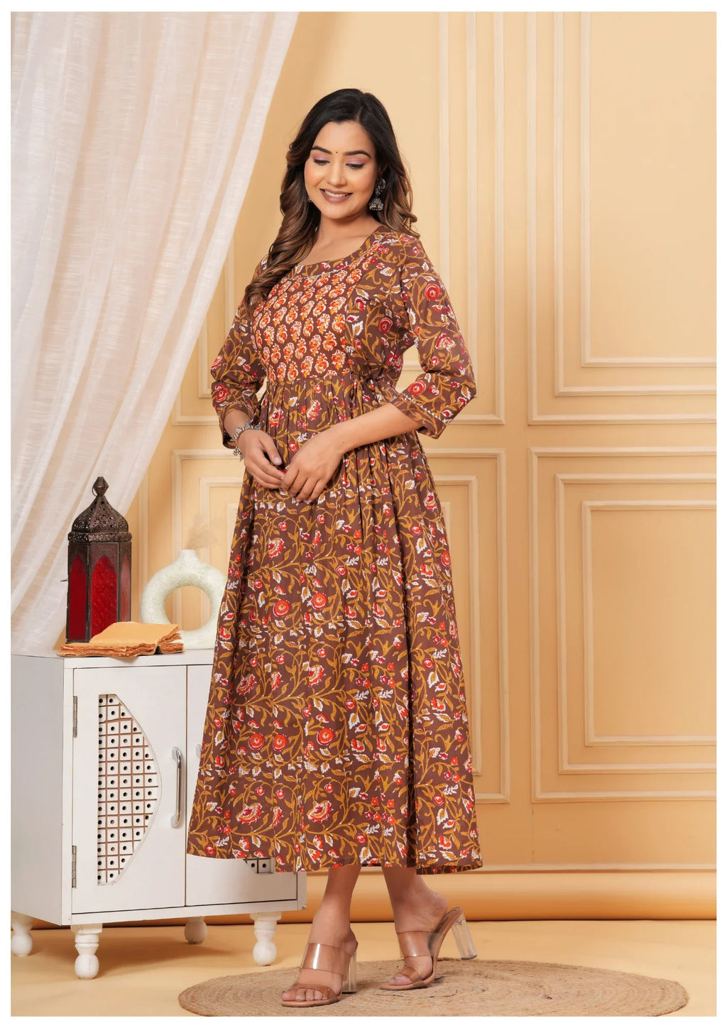 Elegant Brown Floral Maternity & Nursing Dress.