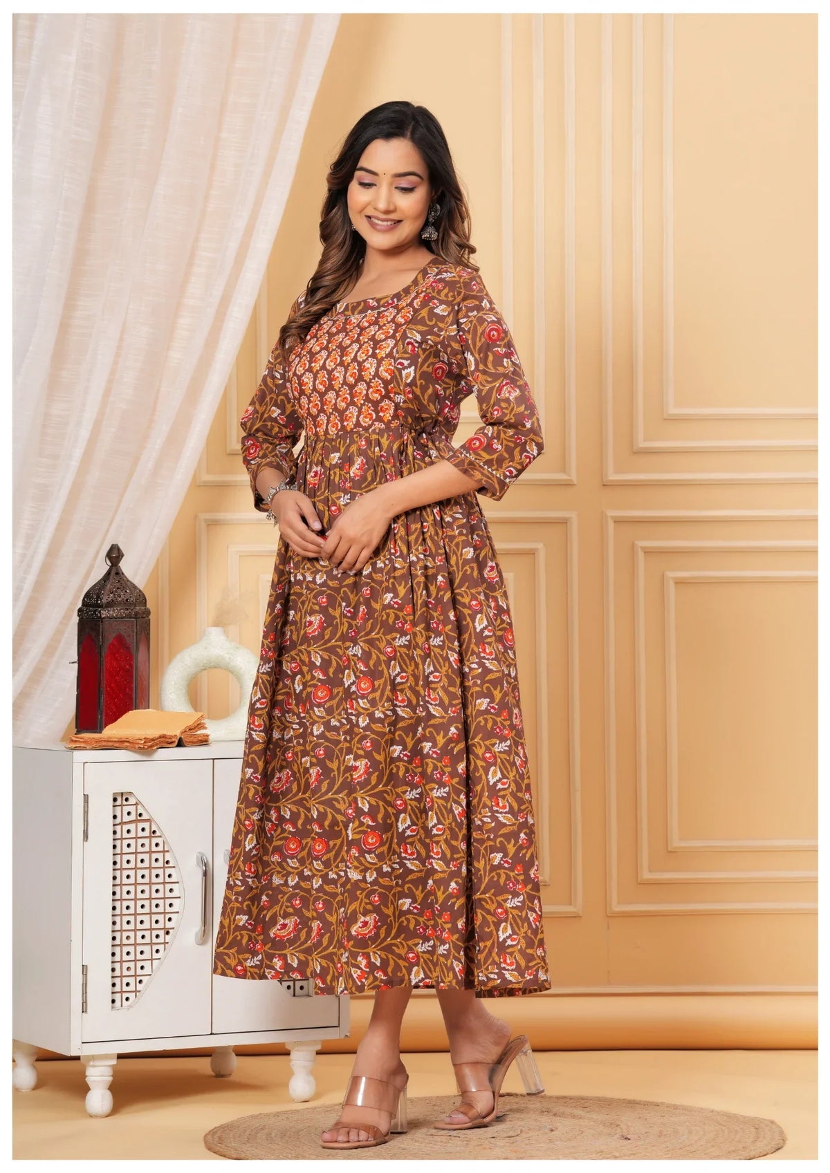 Elegant Brown Floral Maternity & Nursing Dress.