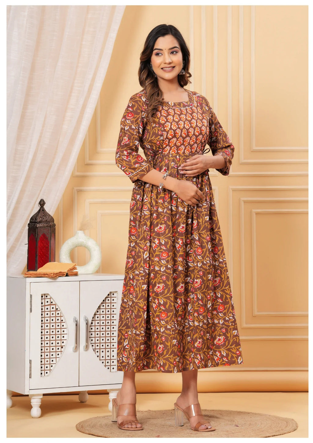 Elegant Brown Floral Maternity & Nursing Dress.