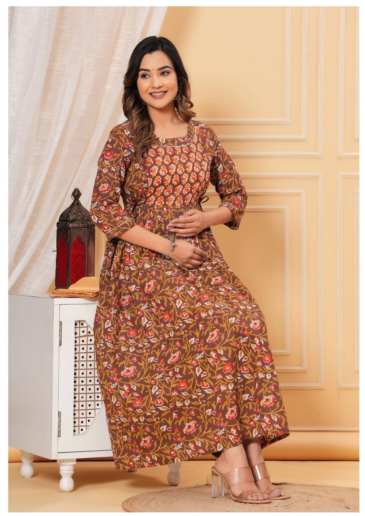 Elegant Brown Floral Maternity & Nursing Dress.