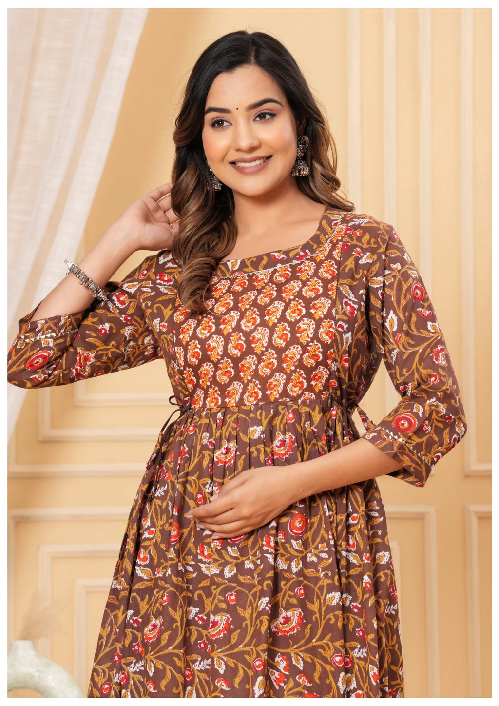Elegant Brown Floral Maternity & Nursing Dress.